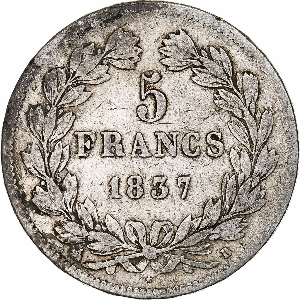 Coin, France, Louis-Philippe, 5 Francs, 1837, Rouen, VF(30-35), Silver