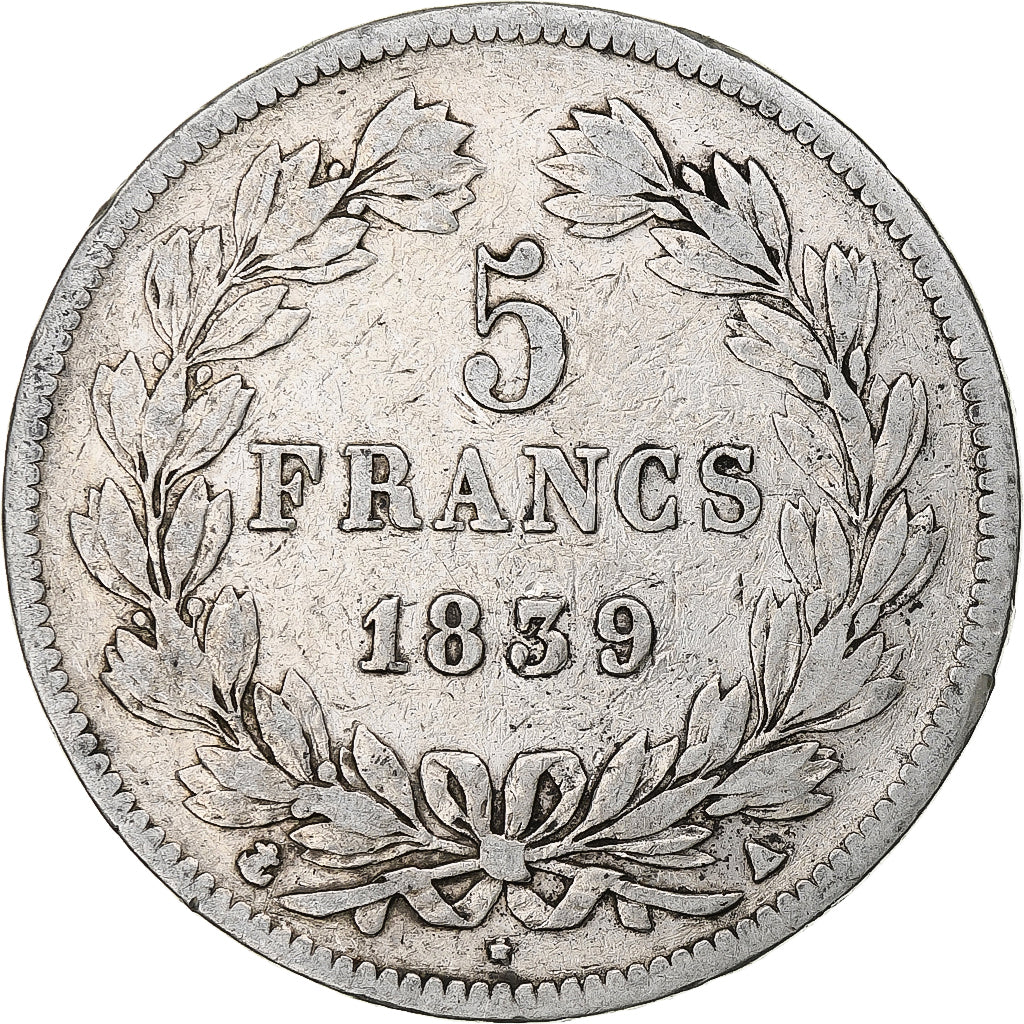 Moneta, Francia, Louis-Philippe, 5 Francs, 1839, Paris, MB+, Argento, KM:749.1