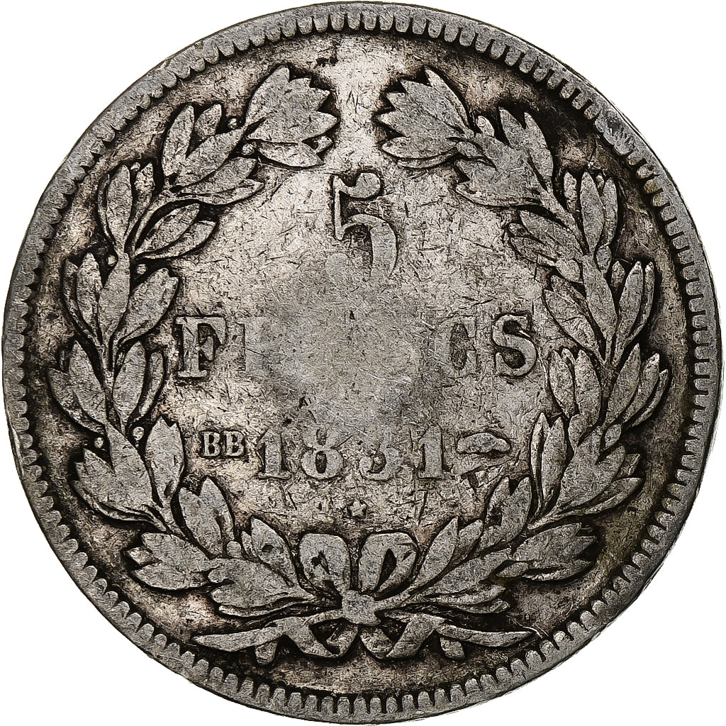 Moneta, Francia, Louis-Philippe, 5 Francs, 1831, Strasbourg, MB, Argento