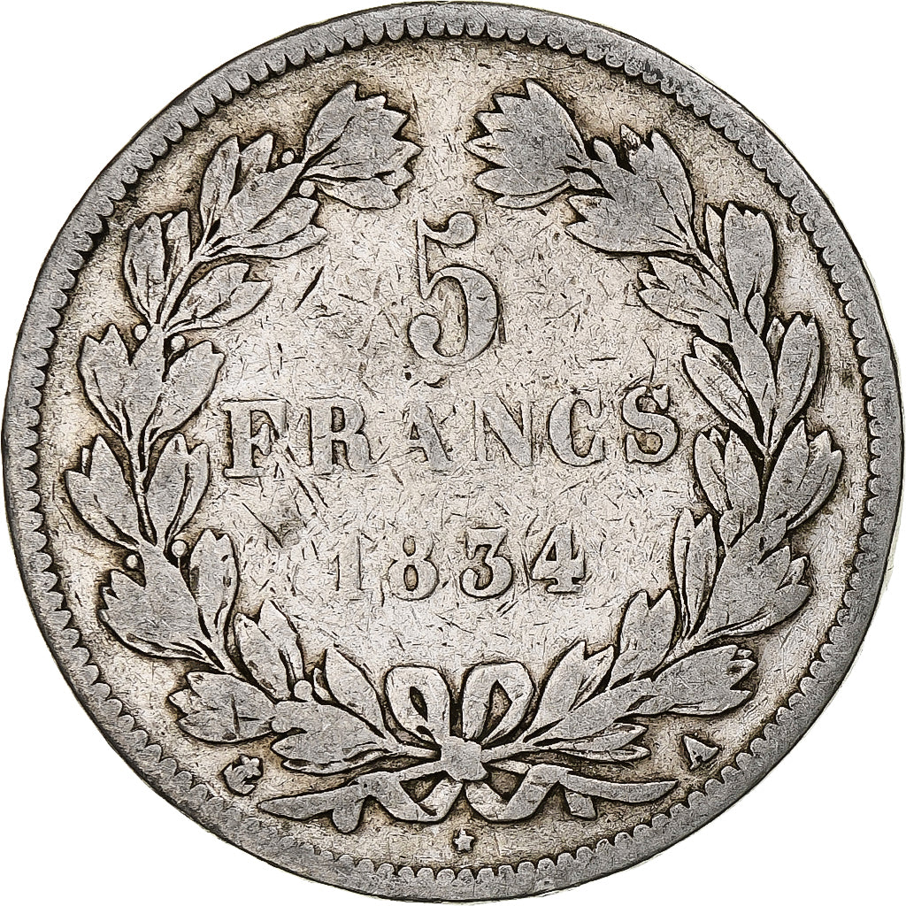 Münze, Frankreich, Louis-Philippe, 5 Francs, 1834, Paris, S, Silber, KM:749.1