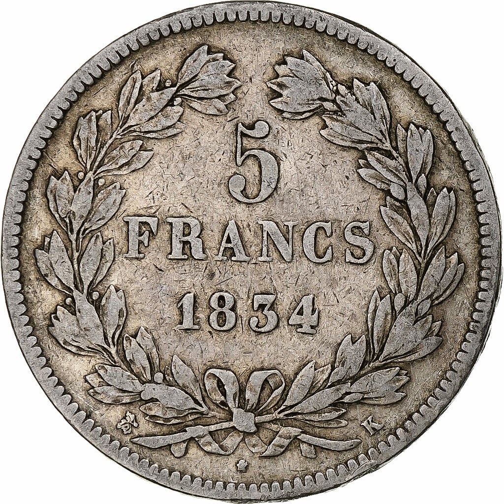 Moneta, Francja, Louis-Philippe, 5 Francs, 1834, Bordeaux, VF(20-25), Srebro