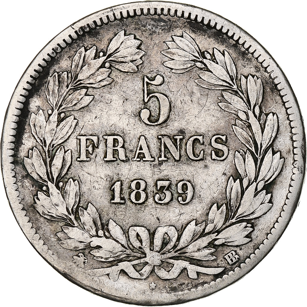 Moneta, Francia, Louis-Philippe, 5 Francs, 1839, Strasbourg, MB+, Argento