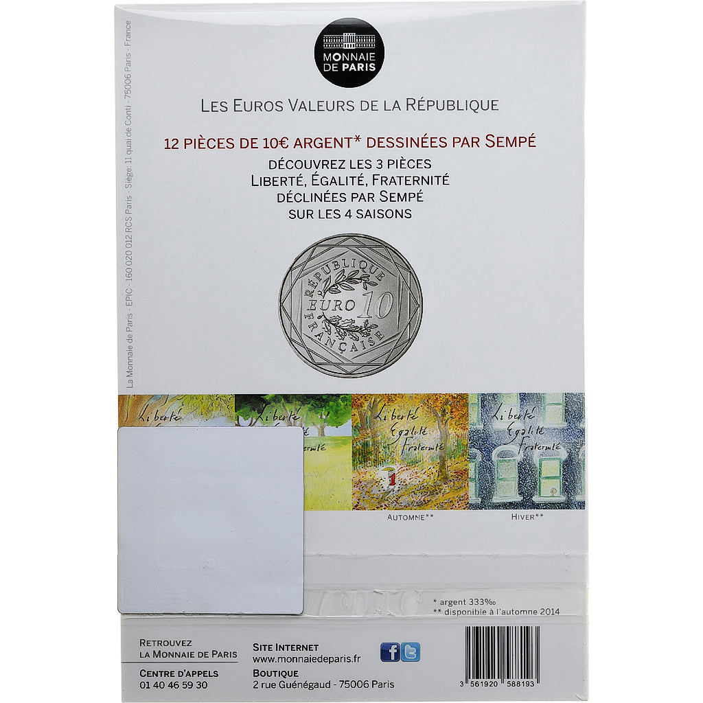 France, 10 Euro, Fraternité, 2014, SEMPÉ - FRATERNITÉ, MS(65-70), Silver