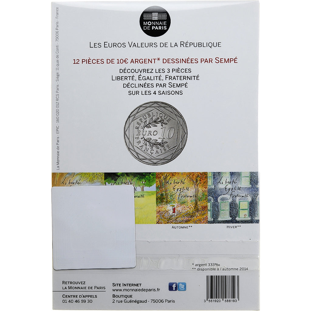 França, 10 Euro, Egalité, 2014, Sempé, MS(65-70), Prata, Gadoury:EU718