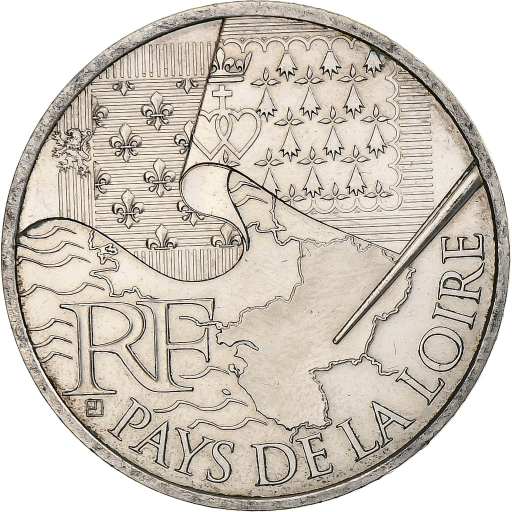 França, 10 Euro, Pays de la Loire, 2010, Paris, MS(63), Prata, KM:1665