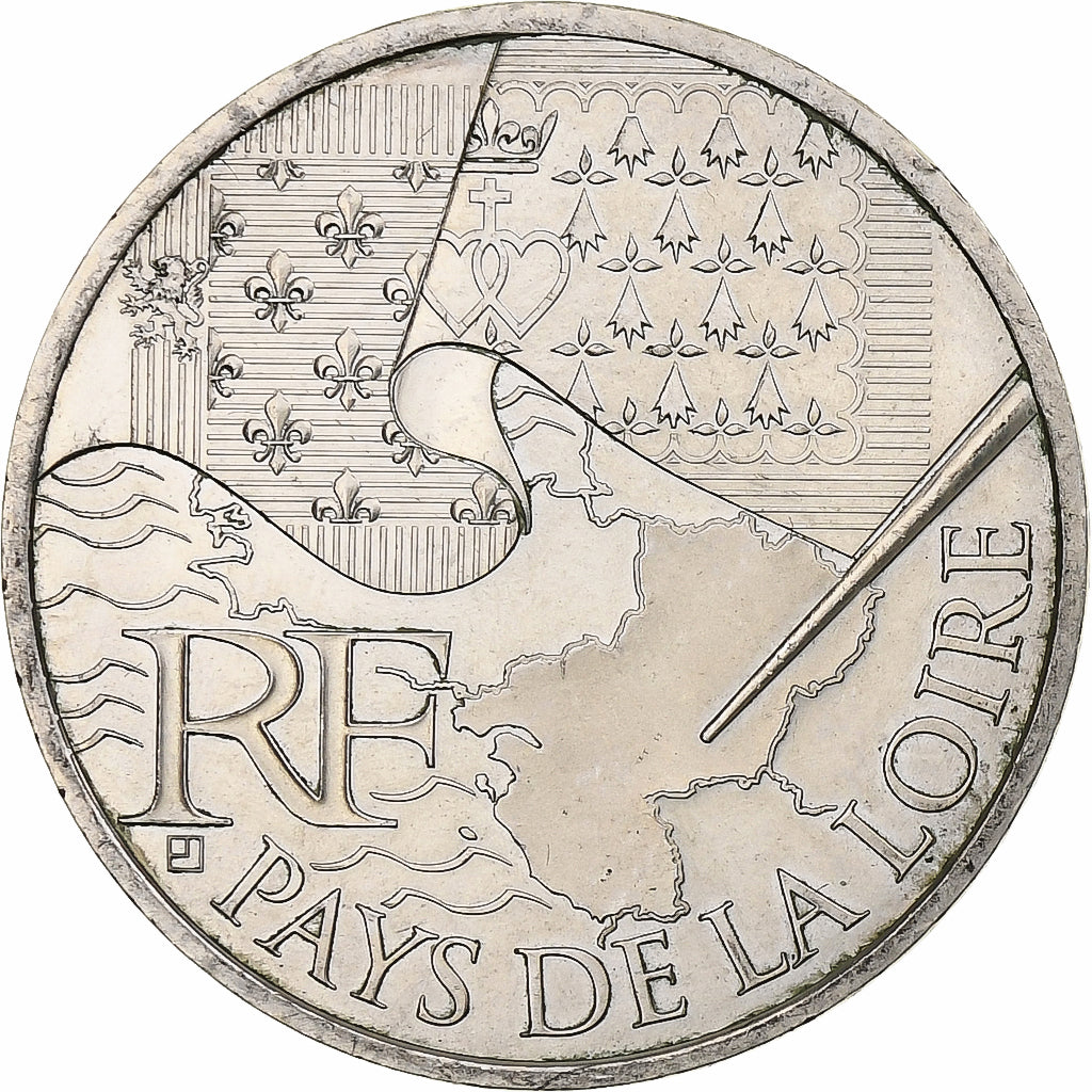 França, 10 Euro, Pays de la Loire, 2010, Paris, MS(63), Prata, KM:1665