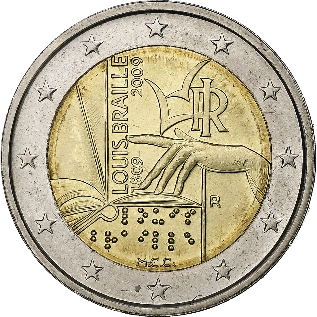 Italy, 2 Euro, LOUIS BRAILLE., 2009, Rome, Bi-Metallic, MS(63), KM:310
