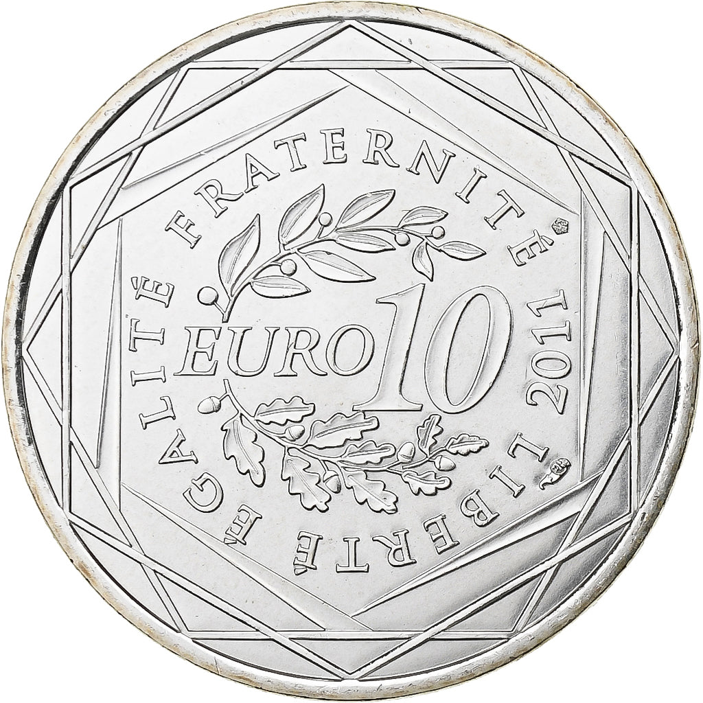 France, 10 Euro, 2011, Paris, Réunion, MS(65-70), Silver, KM:1750
