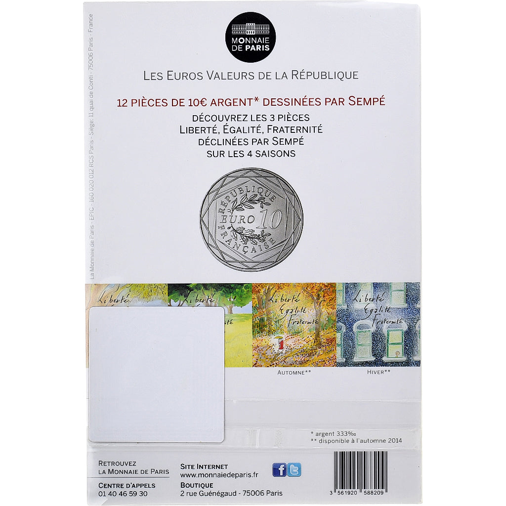 France, 10 Euro, Sempé - Automne - Égalité, 2014, Paris, Silver, MS(65-70)