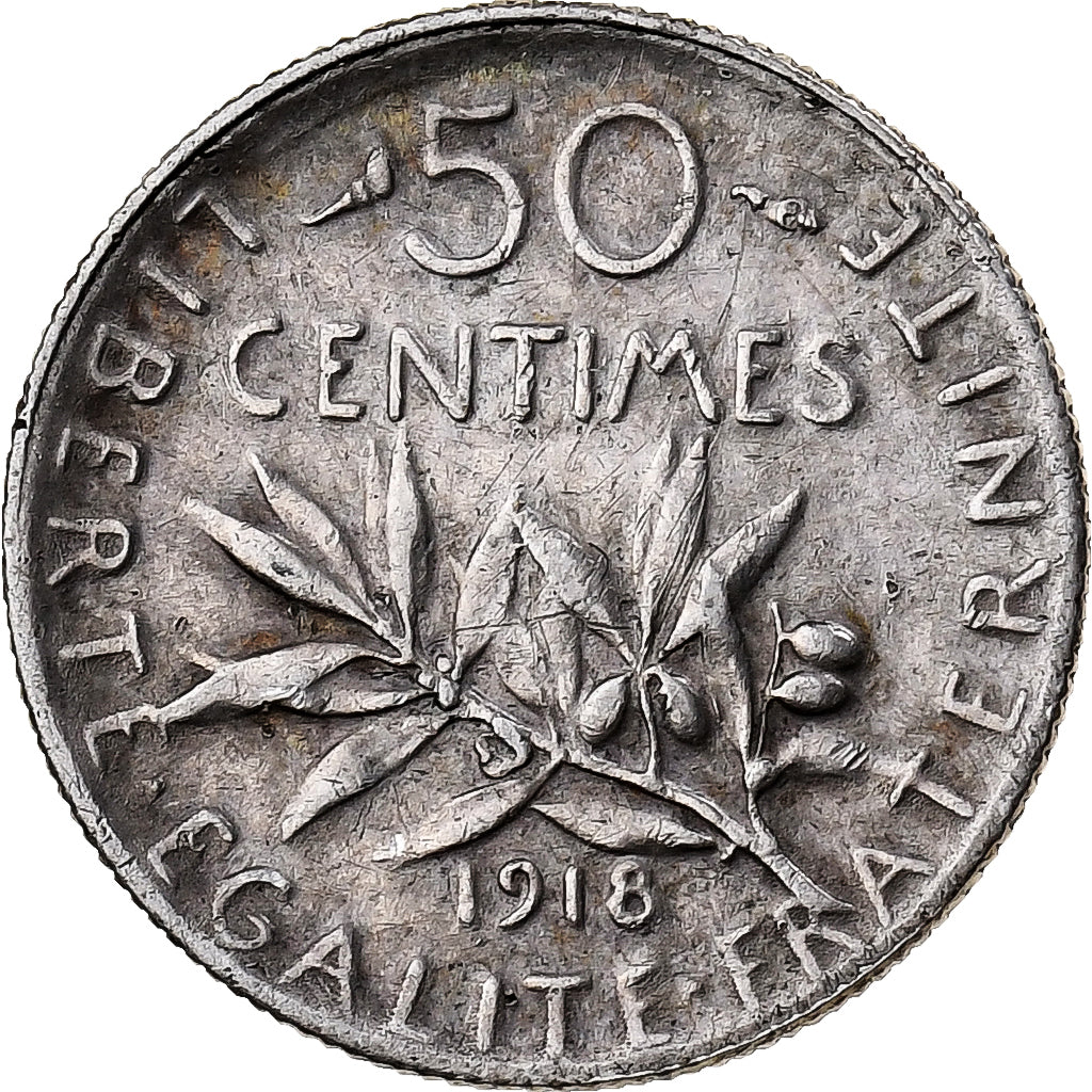 France, 50 Centimes, Semeuse, 1918, Paris, Silver, AU(50-53), Le Franc:F.190