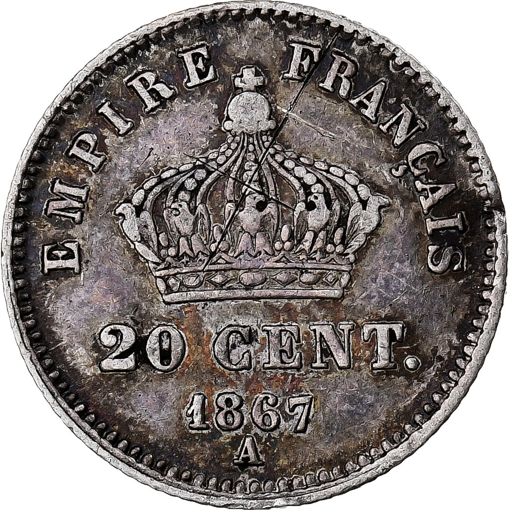 France, Napoleon III, 20 Centimes, Napoléon III, 1867, Paris, Silver