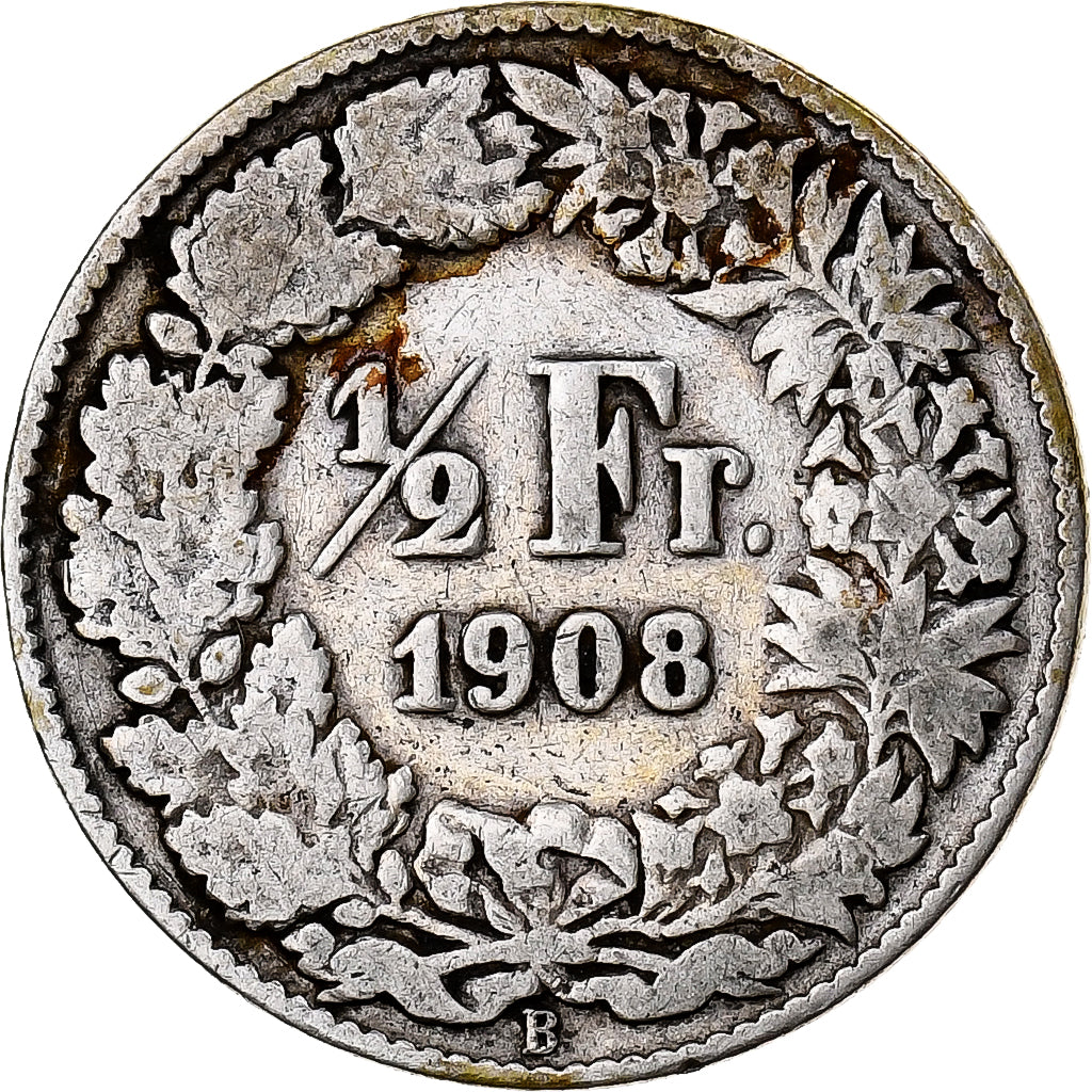 Suiza, 1/2 Franc, 1908, Bern, Plata, BC+, KM:23