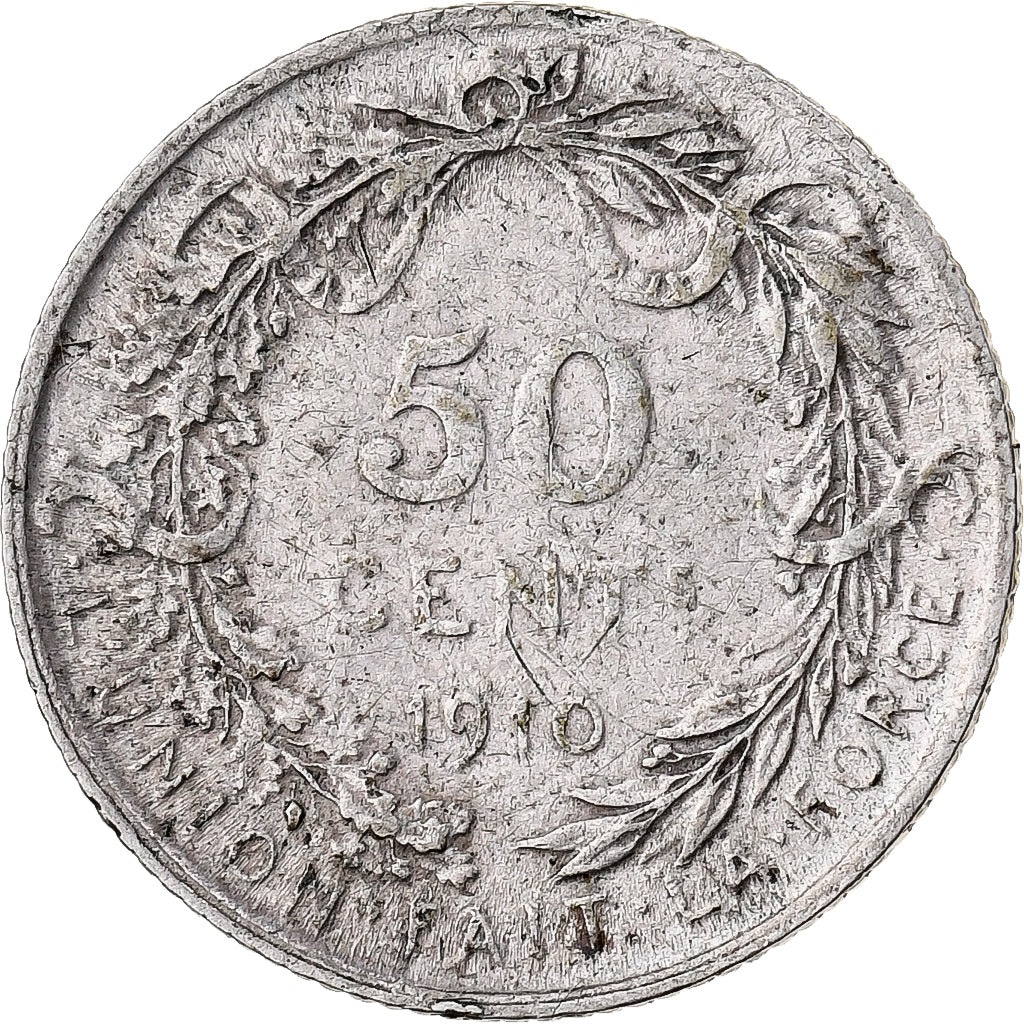 Bélgica, 50 Centimes, 1910, Plata, BC+