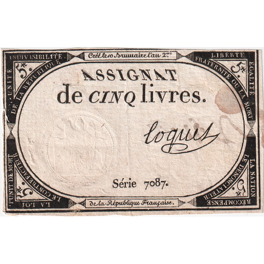 Francia, 5 Livres, 10 brumaire de l'an 2 - (31 octobre 1793), 7087, MB