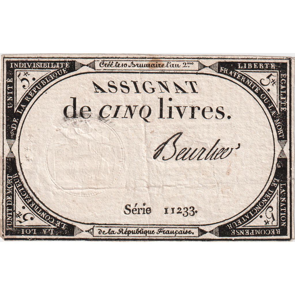 Francia, 5 Livres, 10 brumaire de l'an 2 - (31 octobre 1793), 11233, BB