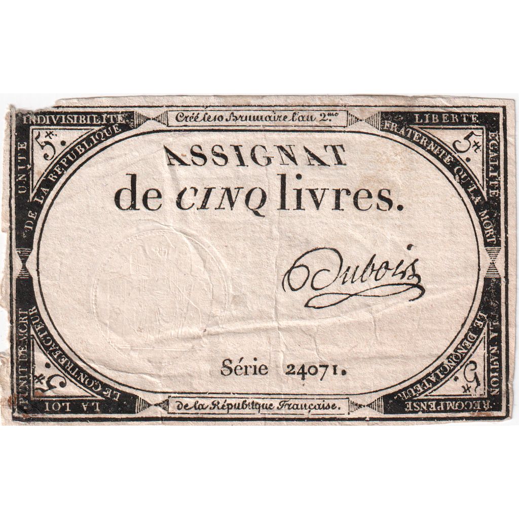 Frankrijk, 5 Livres, 10 brumaire de l'an 2 - (31 octobre 1793), 24071, TB