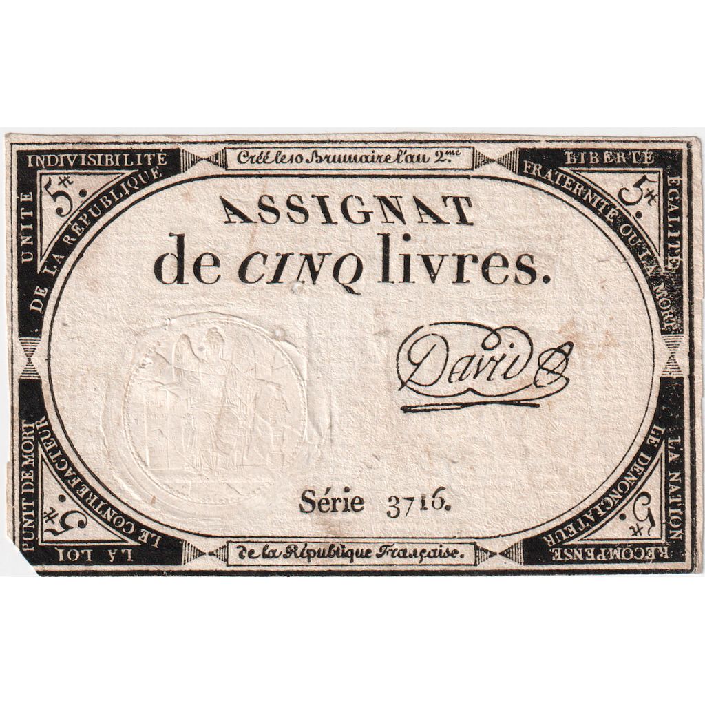 Francia, 5 Livres, 10 brumaire de l'an 2 - (31 octobre 1793), 3716, MB