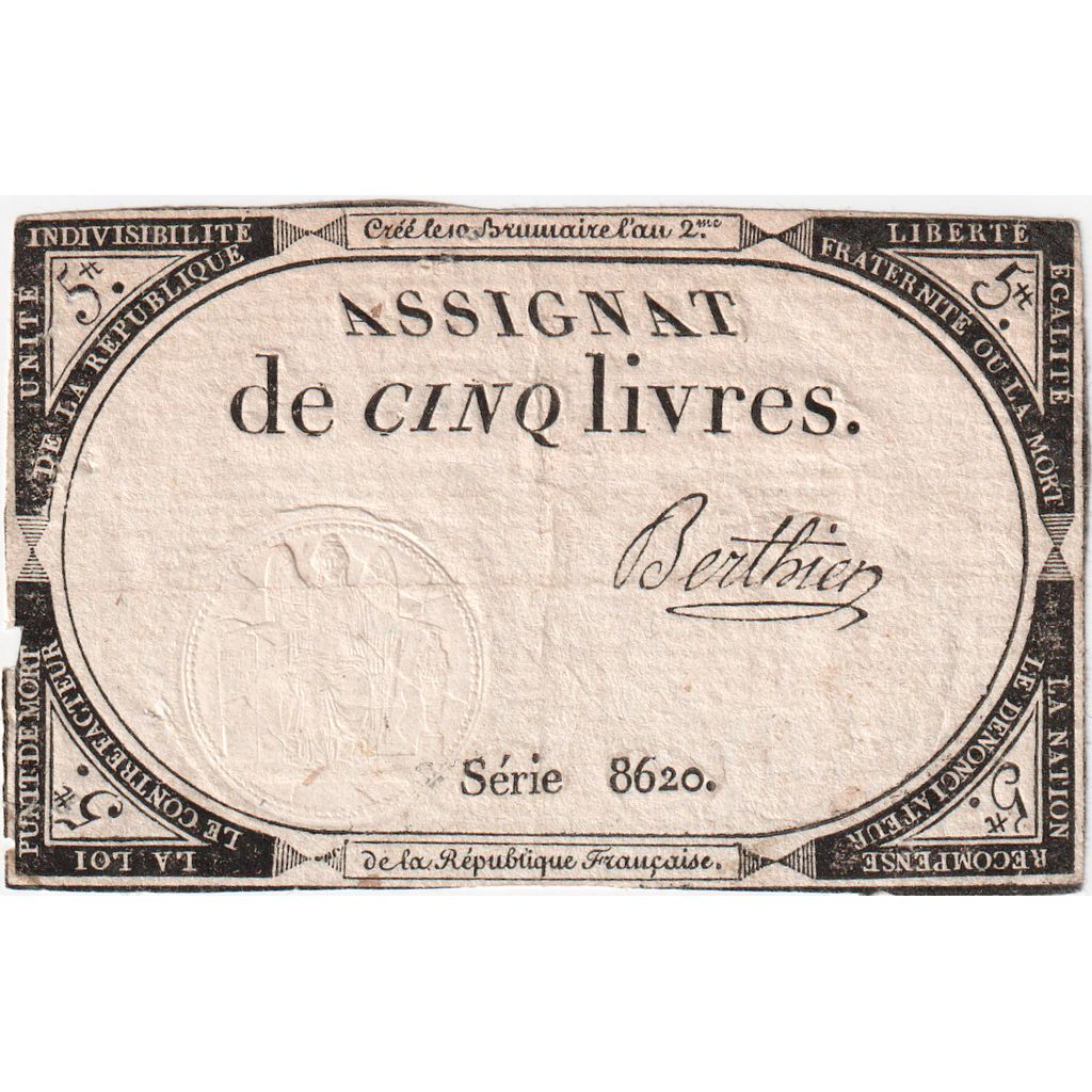 Francia, 5 Livres, 10 brumaire de l'an 2 - (31 octobre 1793), 8620, MB