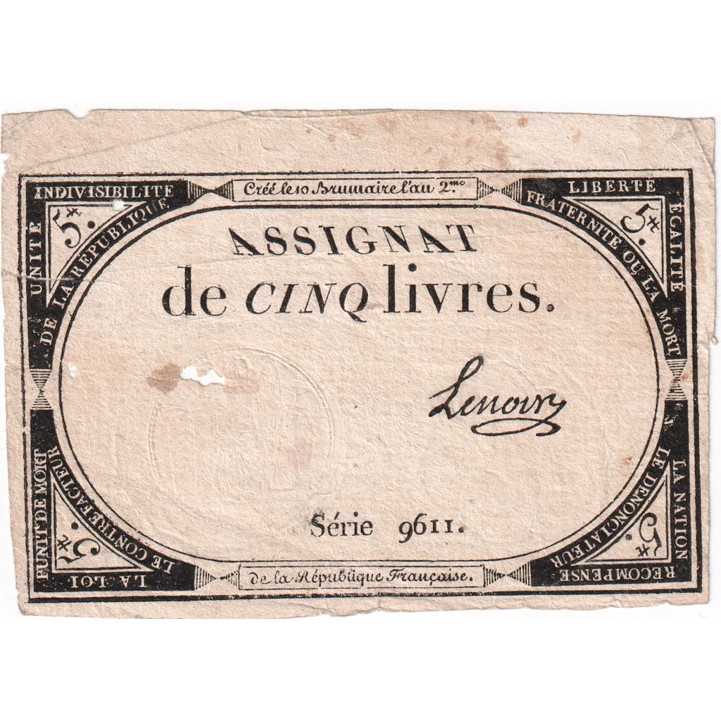 Francia, 5 Livres, 10 brumaire de l'an 2 - (31 octobre 1793), 9611, MB