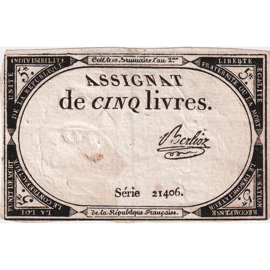 Francia, 5 Livres, 10 brumaire de l'an 2 - (31 octobre 1793), 21406, BB