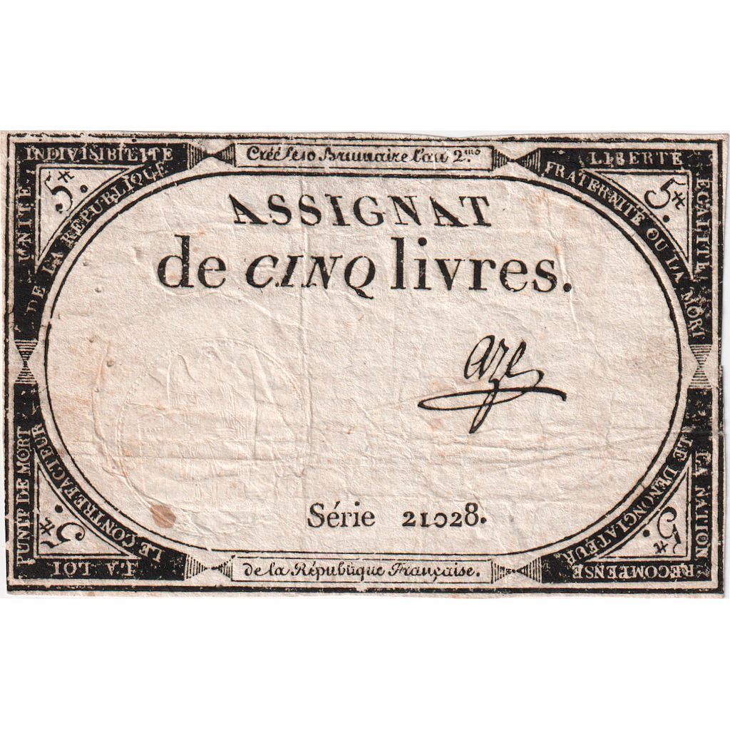 Frankrijk, 5 Livres, 10 brumaire de l'an 2 - (31 octobre 1793), 21028, TTB