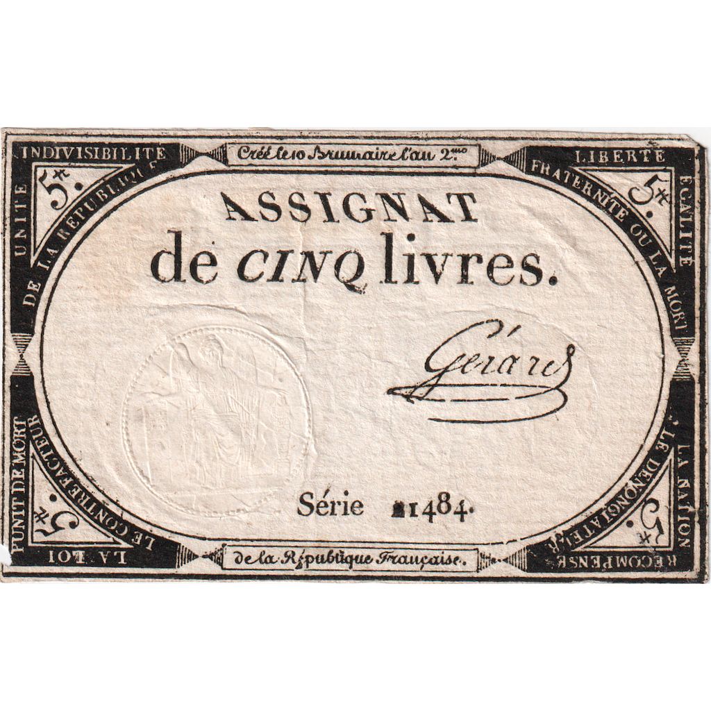 France, 5 Livres, 10 brumaire de l'an 2 - (31 octobre 1793), 21484, TTB