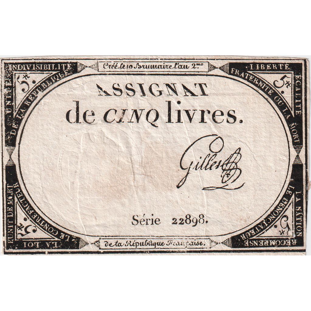 Frankrijk, 5 Livres, 10 brumaire de l'an 2 - (31 octobre 1793), 22898, TTB