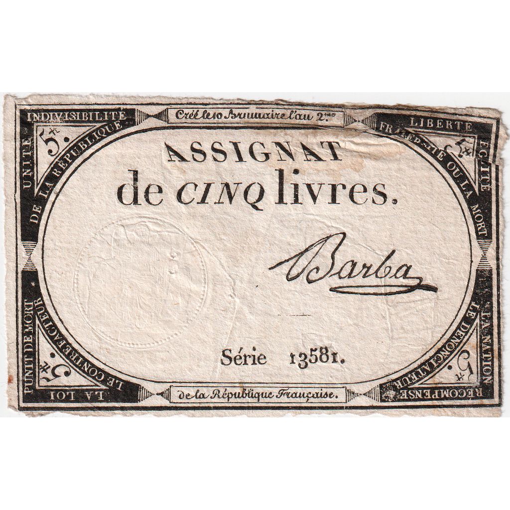France, 5 Livres, 10 brumaire de l'an 2 - (31 octobre 1793), 13581, TTB