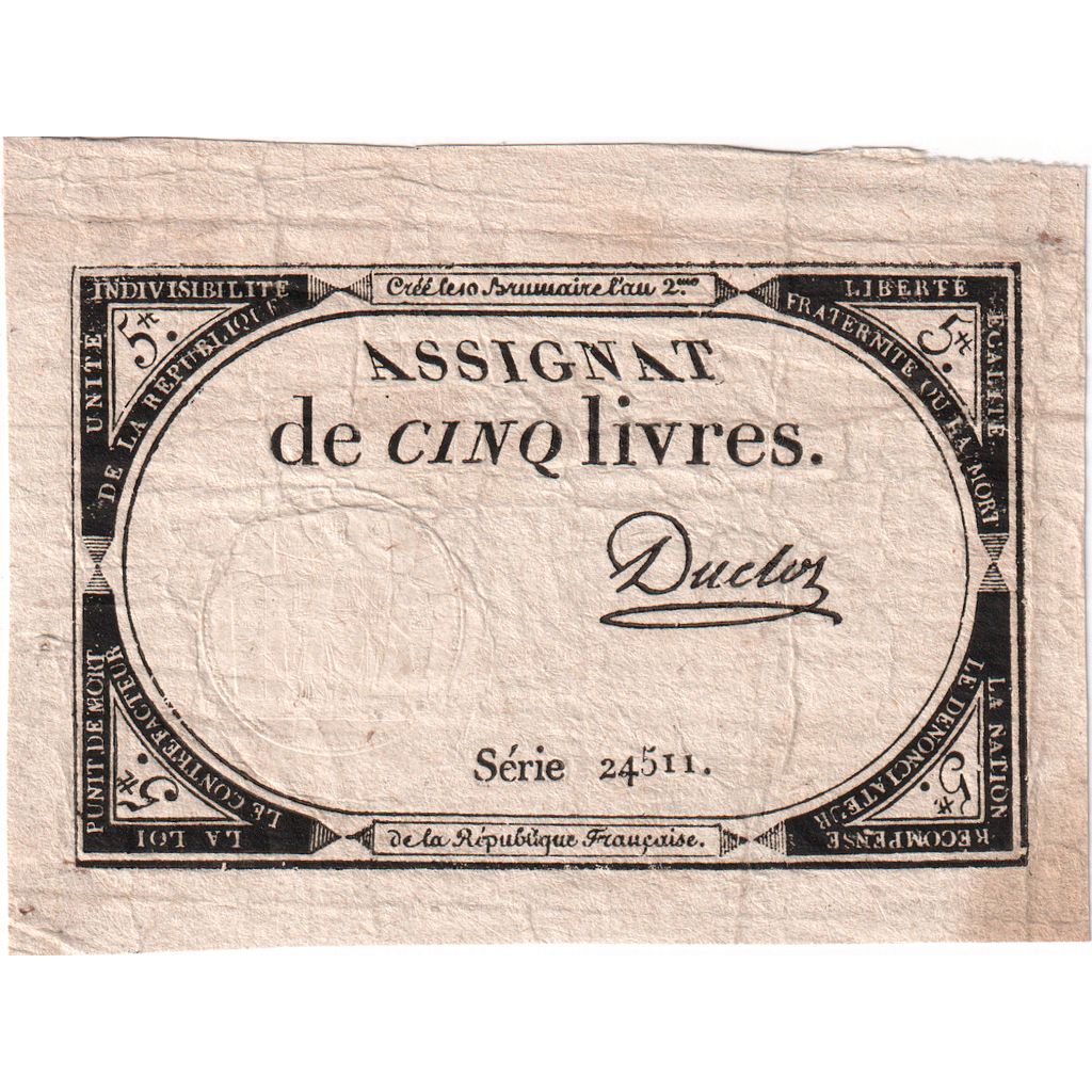 France, 5 Livres, 10 brumaire de l'an 2 - (31 octobre 1793), 24511, TTB