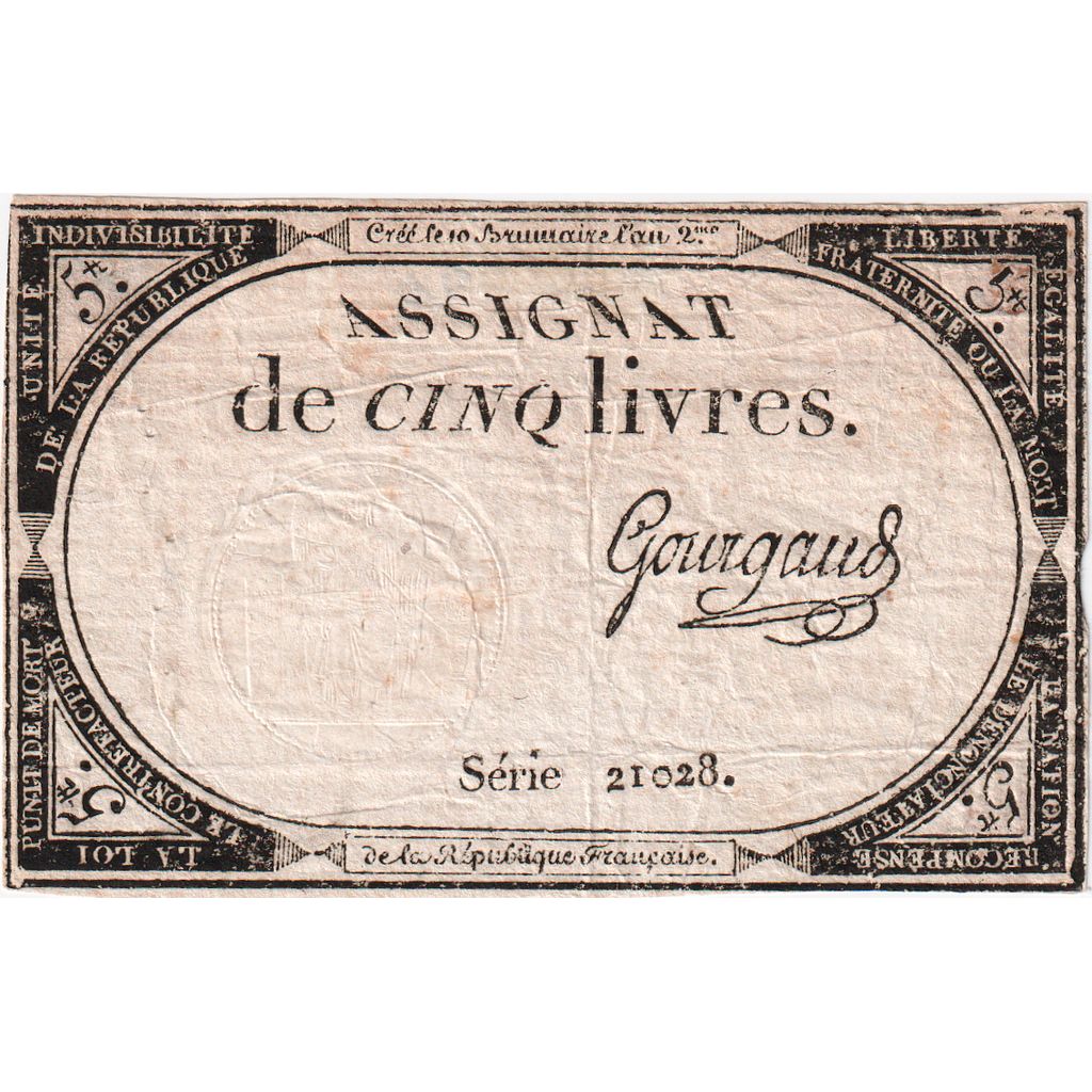 Frankrijk, 5 Livres, 10 brumaire de l'an 2 - (31 octobre 1793), 21028, TTB