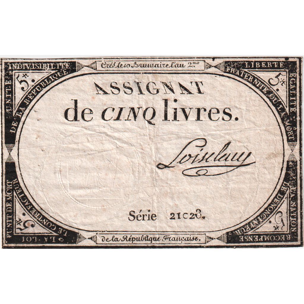 France, 5 Livres, 10 brumaire de l'an 2 - (31 octobre 1793), 21028, TTB