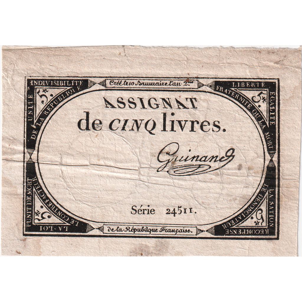 Frankrijk, 5 Livres, 10 brumaire de l'an 2 - (31 octobre 1793), 24511, TTB