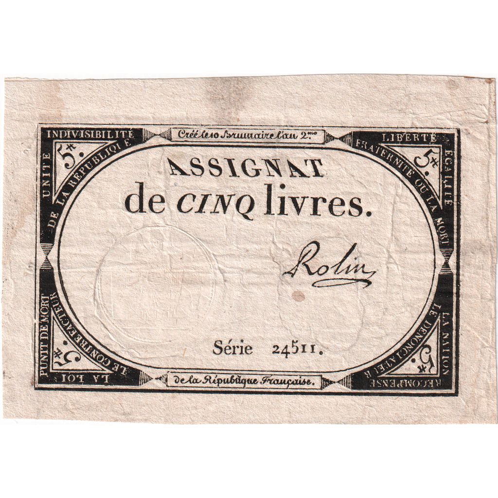 France, 5 Livres, 10 brumaire de l'an 2 - (31 octobre 1793), 24511, TTB