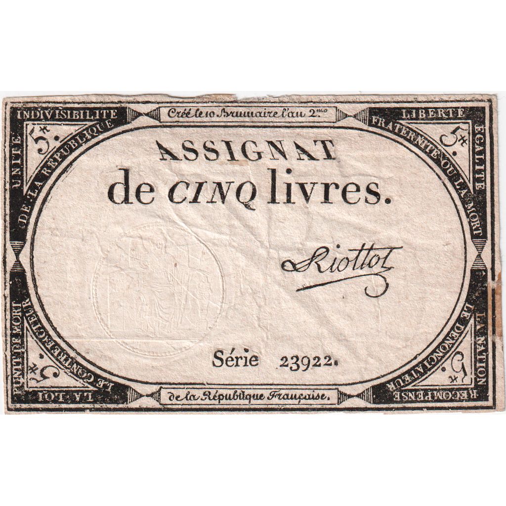 Frankrijk, 5 Livres, 10 brumaire de l'an 2 - (31 octobre 1793), 23922, TTB
