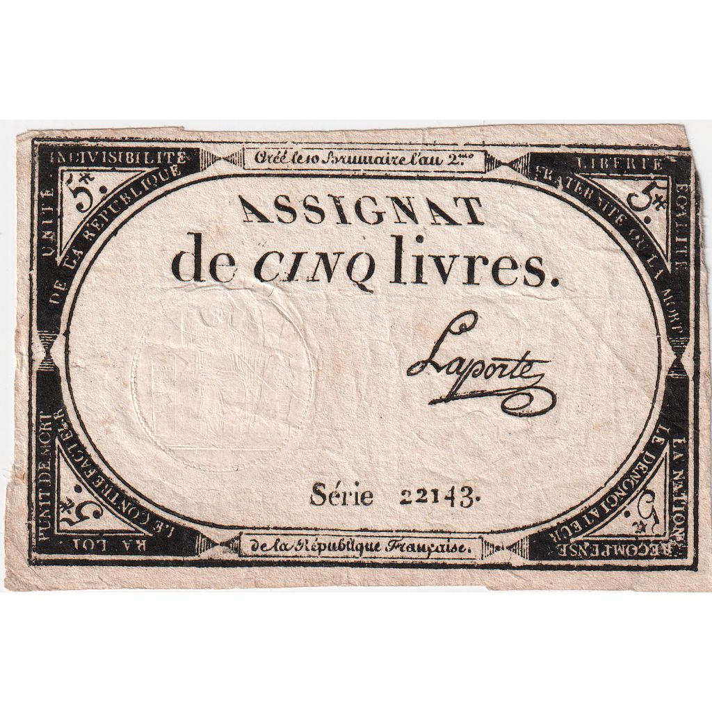 Frankrijk, 5 Livres, 10 brumaire de l'an 2 - (31 octobre 1793), 22143, TTB