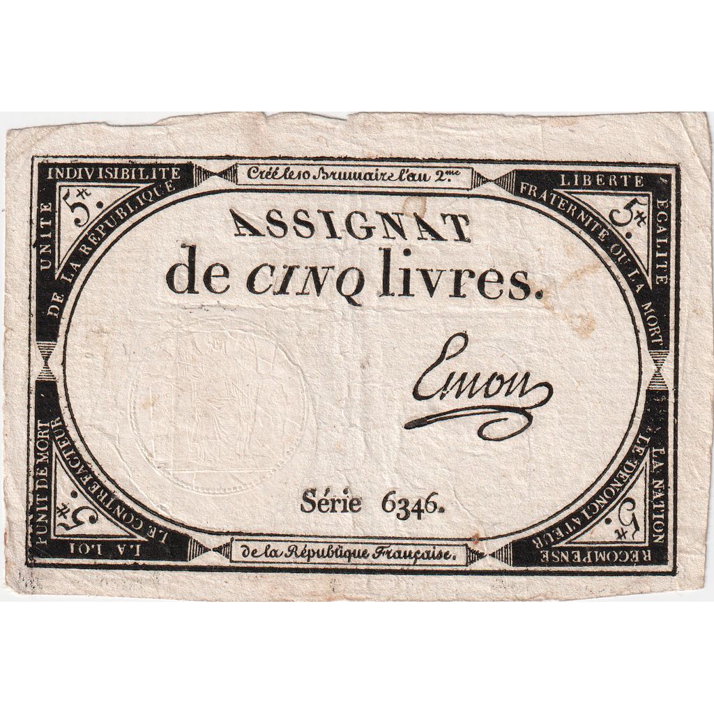France, 5 Livres, 10 brumaire de l'an 2 - (31 octobre 1793), 6346, EF(40-45)