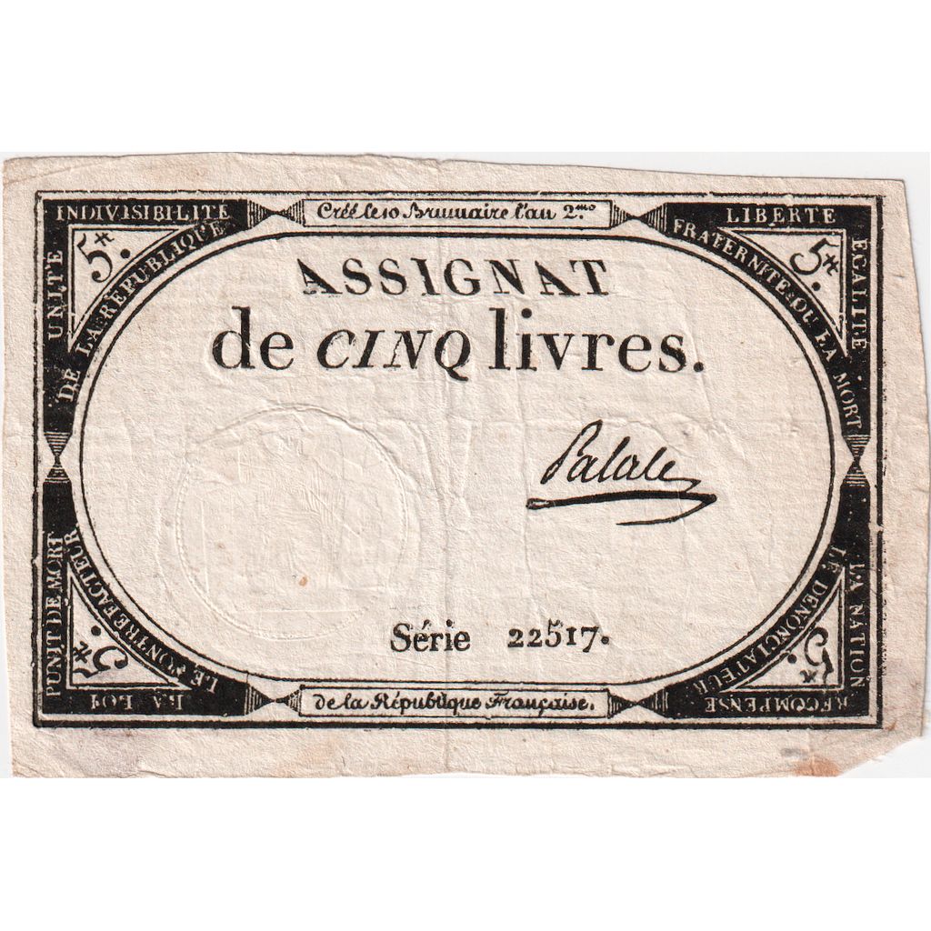 Francia, 5 Livres, 10 brumaire de l'an 2 - (31 octobre 1793), 22517, BB