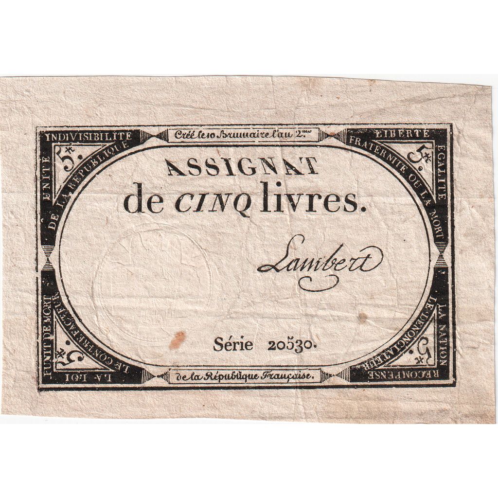Frankrijk, 5 Livres, 10 brumaire de l'an 2 - (31 octobre 1793), 20530, TTB