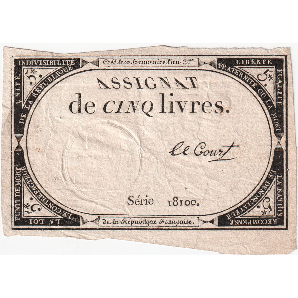 Francia, 5 Livres, 10 brumaire de l'an 2 - (31 octobre 1793), 18100, BB