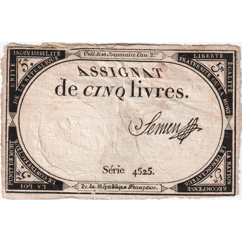 Frankreich, 5 Livres, 10 brumaire de l'an 2 - (31 octobre 1793), 4525, SS
