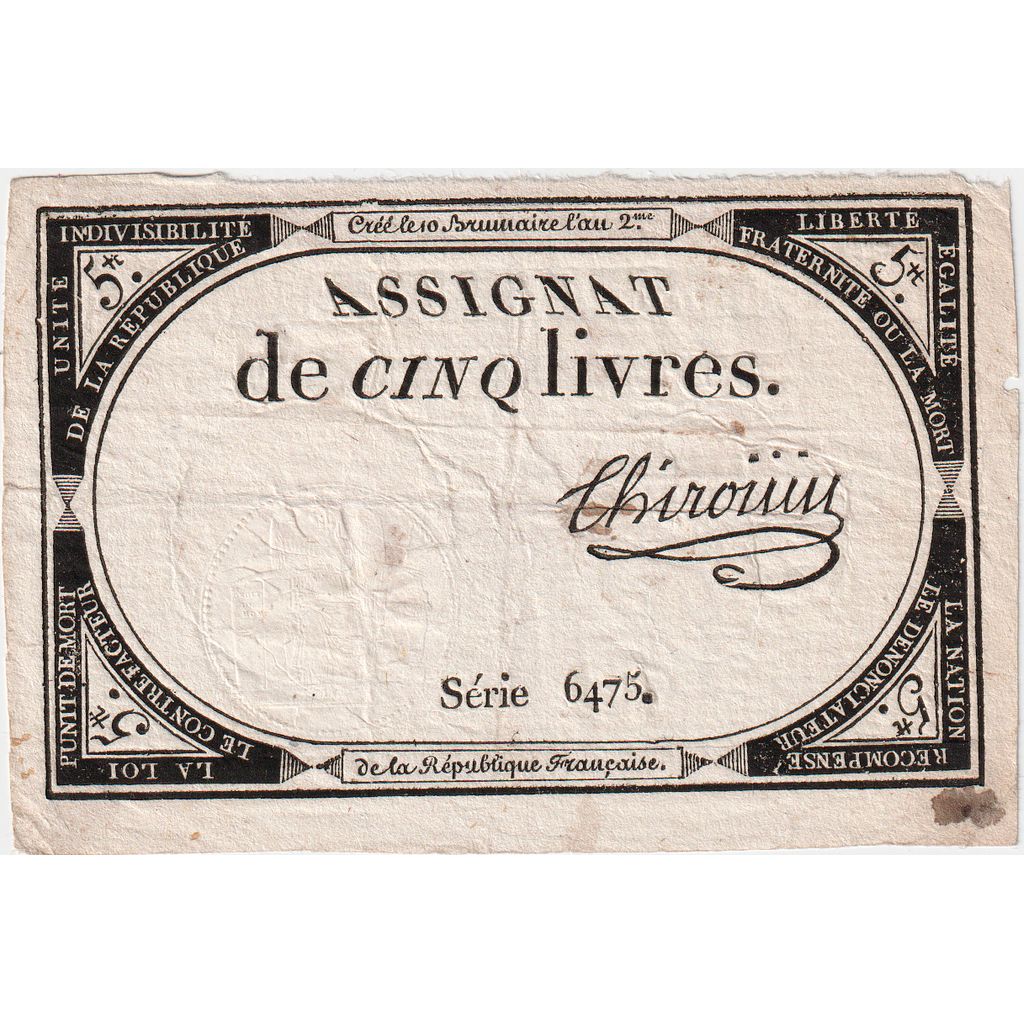 França, 5 Livres, 10 brumaire de l'an 2 - (31 octobre 1793), 6475, EF(40-45)