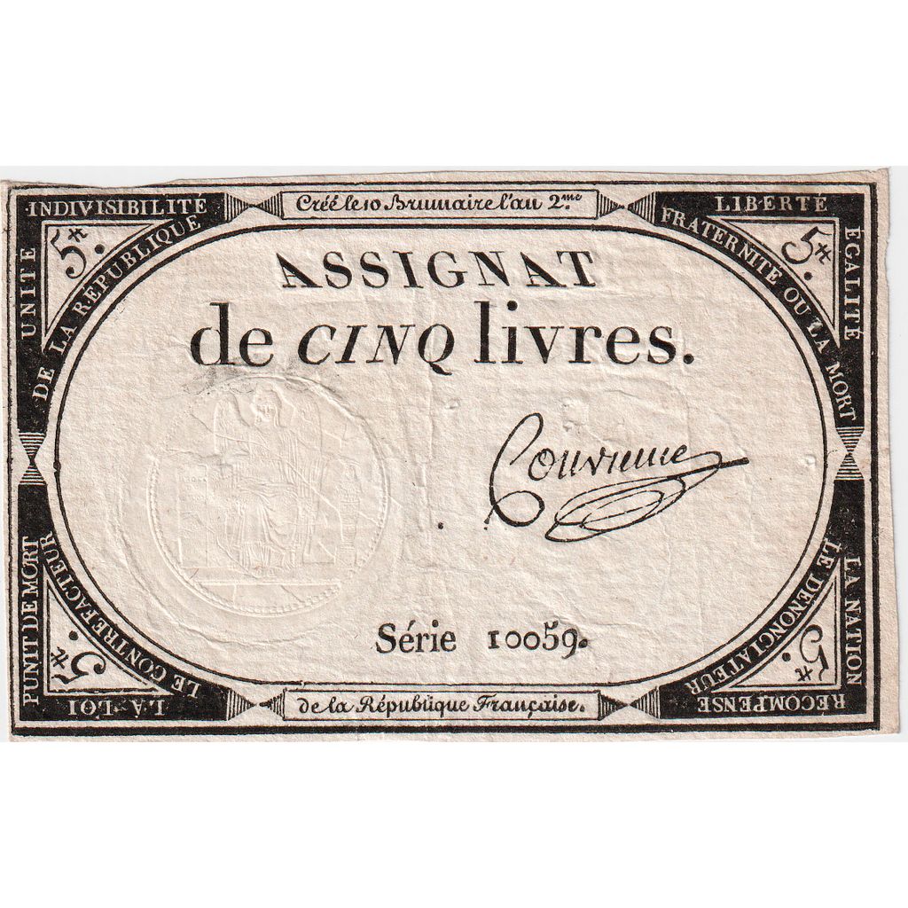 Frankrijk, 5 Livres, 10 brumaire de l'an 2 - (31 octobre 1793), 10059, TTB