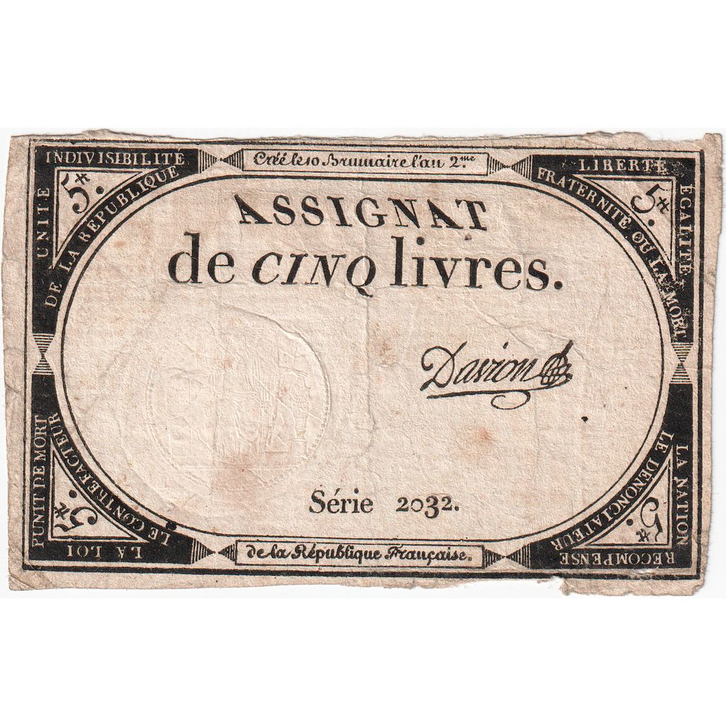 Frankreich, 5 Livres, 10 brumaire de l'an 2 - (31 octobre 1793), 2032, SS