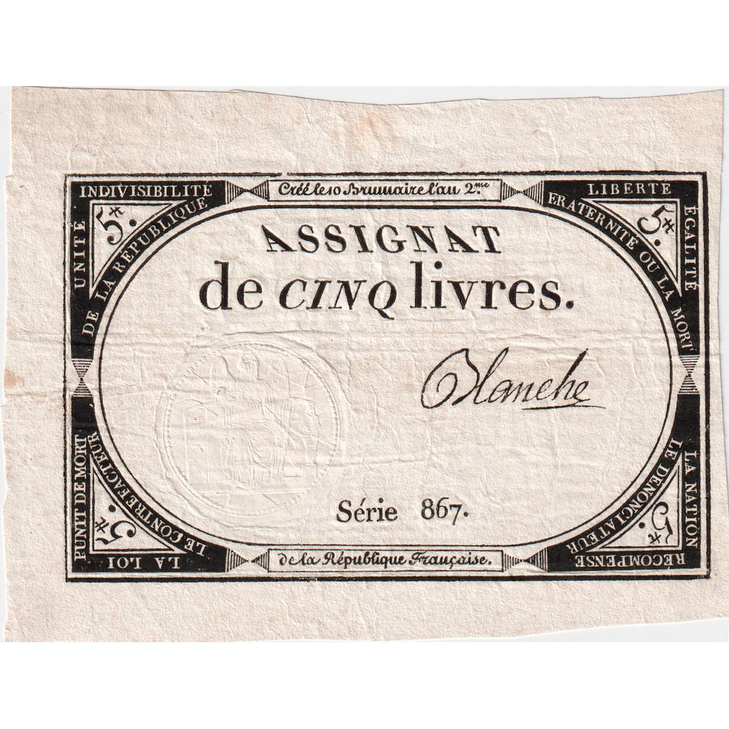 Frankrijk, 5 Livres, 10 brumaire de l'an 2 - (31 octobre 1793), 867, TTB+