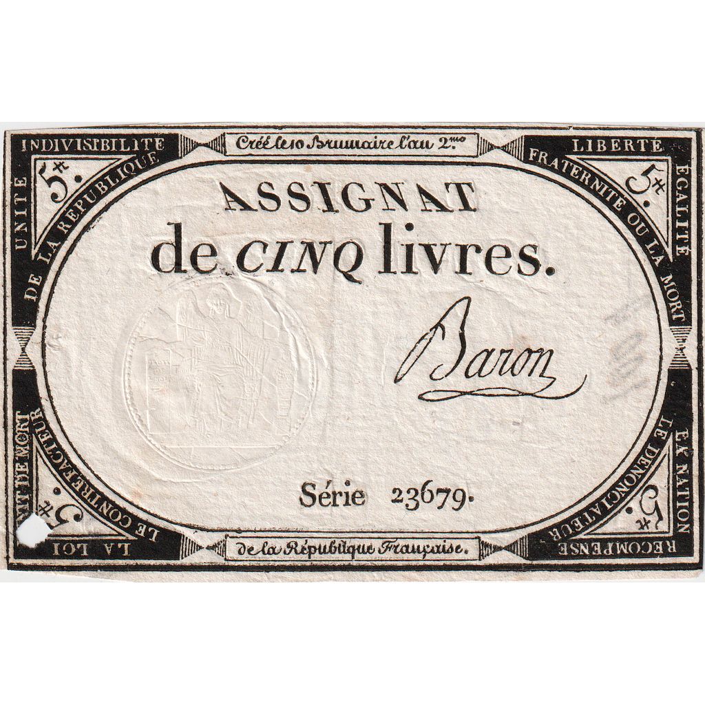 France, 5 Livres, 10 brumaire de l'an 2 - (31 octobre 1793), 23679, TTB+