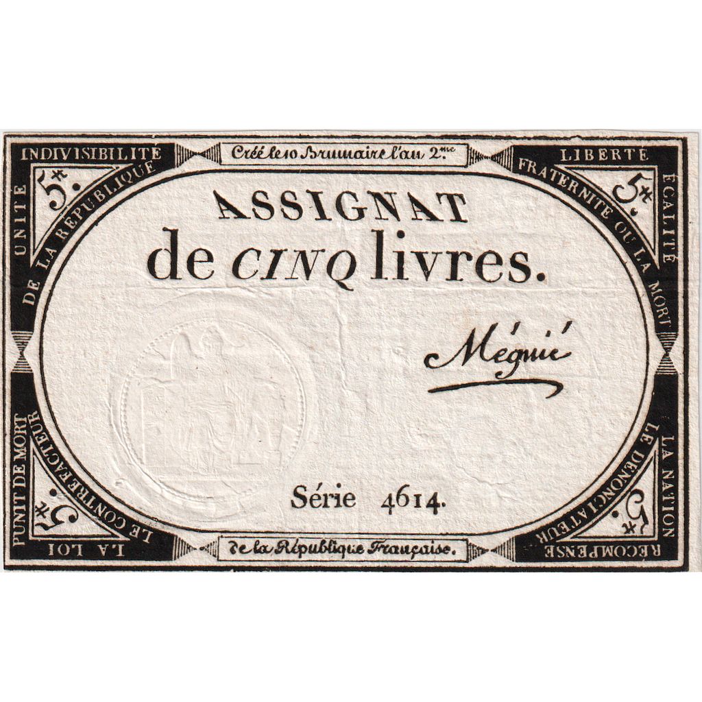 França, 5 Livres, 10 brumaire de l'an 2 - (31 octobre 1793), 4614, AU(50-53)