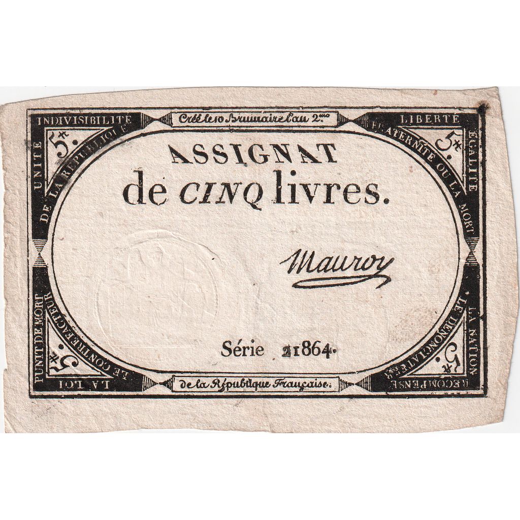 France, 5 Livres, 10 brumaire de l'an 2 - (31 octobre 1793), 21864, TTB+