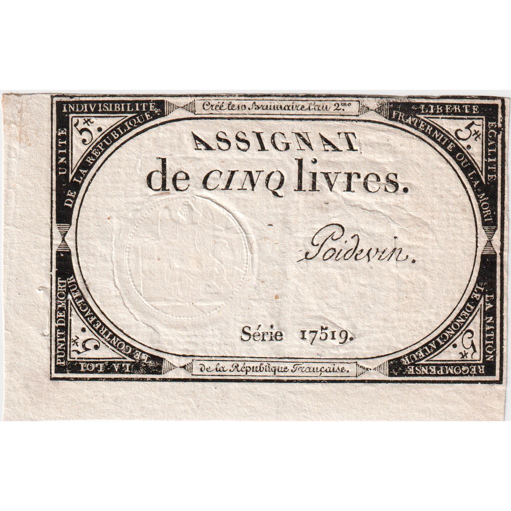Francia, 5 Livres, 10 brumaire de l'an 2 - (31 octobre 1793), 17519, BB+