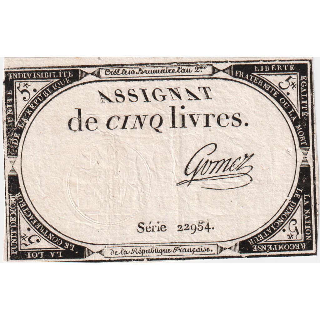 Francja, 5 Livres, 10 brumaire de l'an 2 - (31 octobre 1793), 22954, AU(50-53)