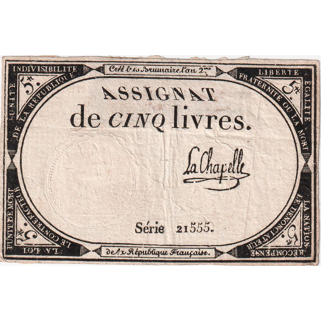 France, 5 Livres, 10 brumaire de l'an 2 - (31 octobre 1793), 21555, AU(50-53)